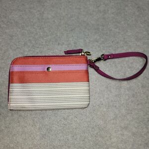 Fossil ADORABLE Pink Striped Canvas Zip Around Wallet Clutch Wristlet Strap